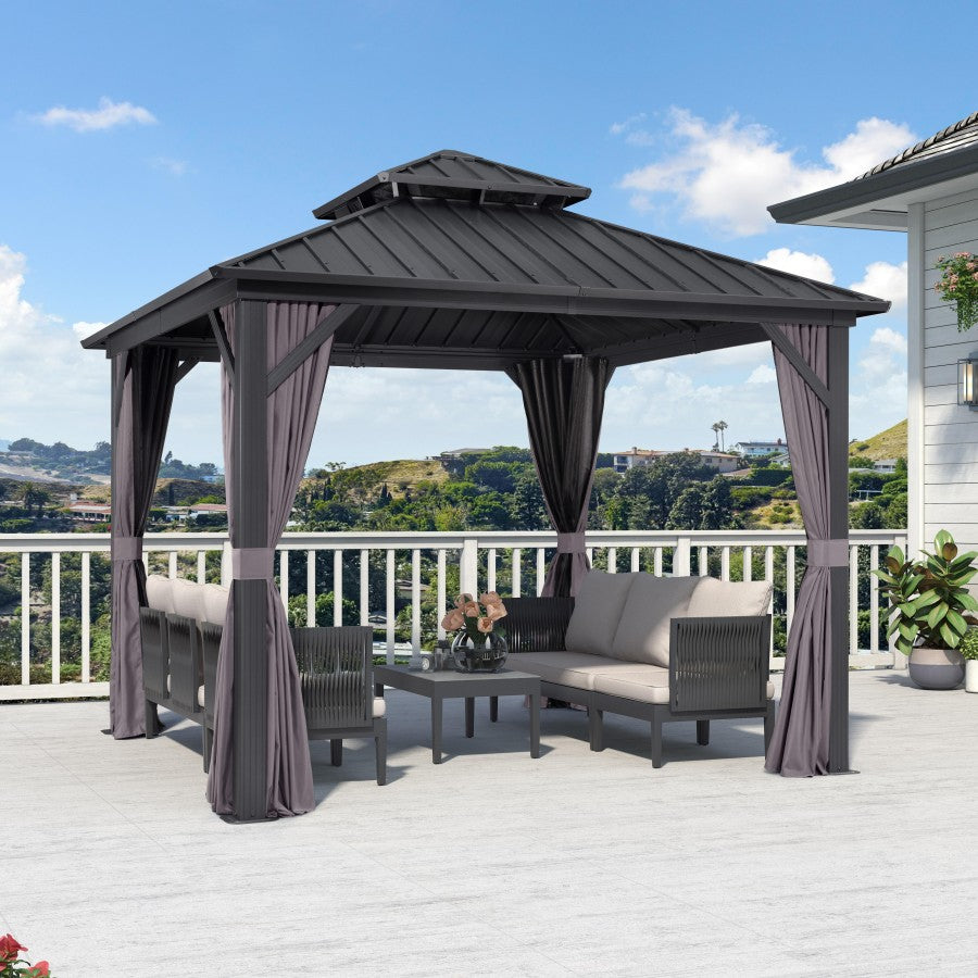 PURPLE LEAF Hardtop Tuinpaviljoen met Stalen Dak, Aluminium Frame, Gordijnen & Klamboe – Grijs