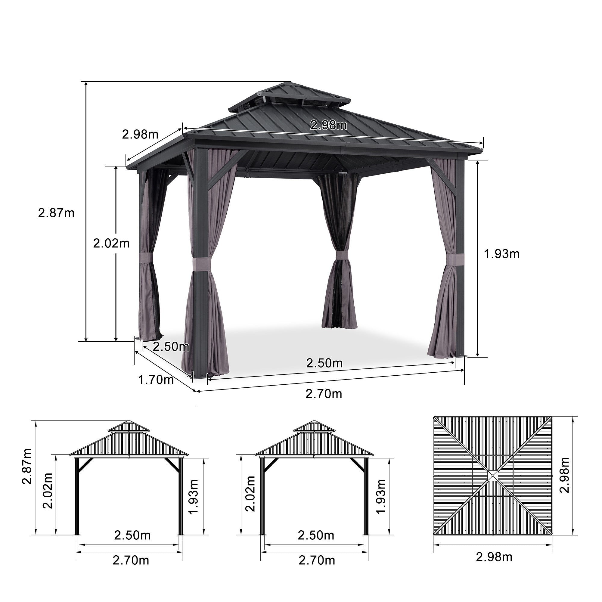 PURPLE LEAF Hardtop Tuinpaviljoen met Stalen Dak, Aluminium Frame, Gordijnen & Klamboe – Grijs