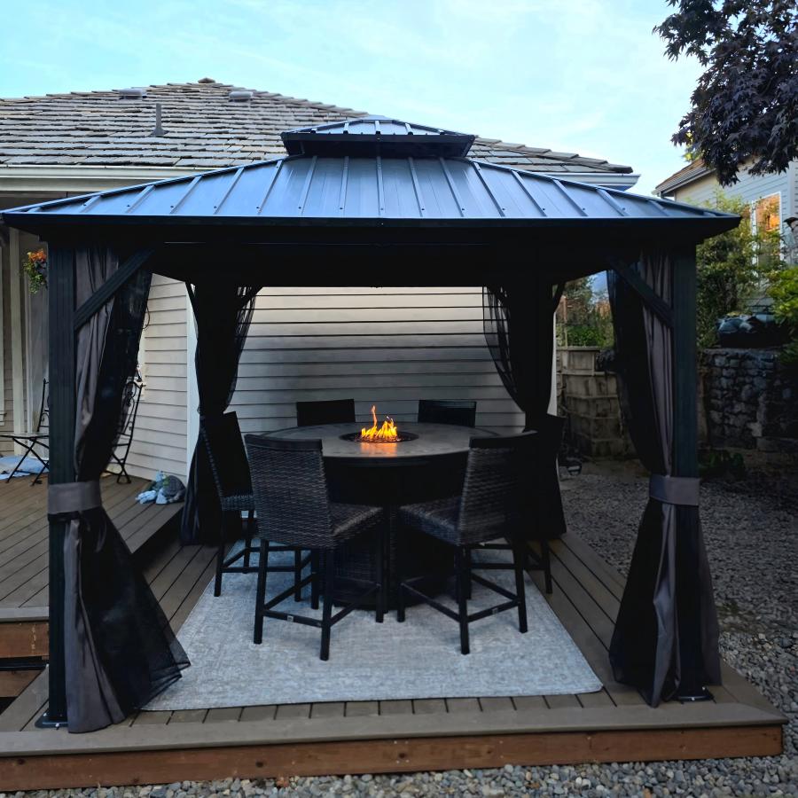 PURPLE LEAF Hardtop Tuinpaviljoen met Stalen Dak, Aluminium Frame, Gordijnen & Klamboe – Grijs