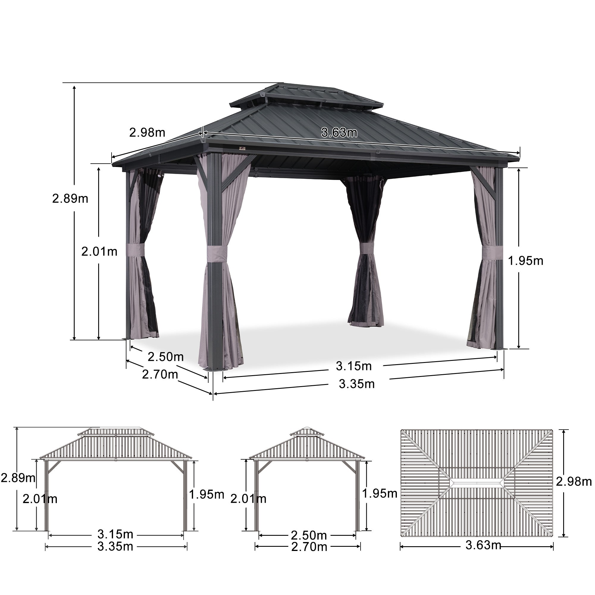 PURPLE LEAF Hardtop Tuinpaviljoen met Stalen Dak, Aluminium Frame, Gordijnen & Klamboe – Grijs