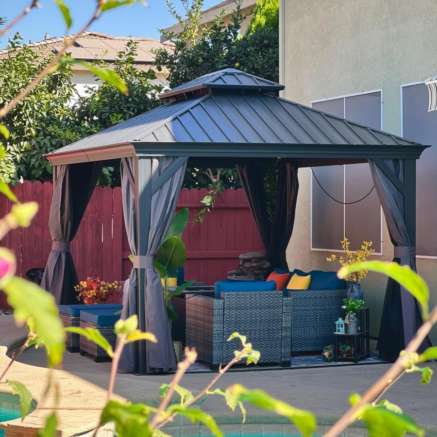 PURPLE LEAF Aluminium Hardtop Paviljoen, Luxe Tuinpaviljoen met Gegalvaniseerd Stalen Dak, Warmwitte Verlichting, Gordijnen en Klamboe, Grijs
