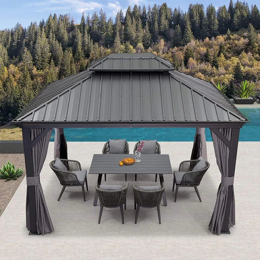 PURPLE LEAF Aluminium Hardtop Paviljoen, Luxe Tuinpaviljoen met Gegalvaniseerd Stalen Dak, Gordijnen en Klamboe, Grijs