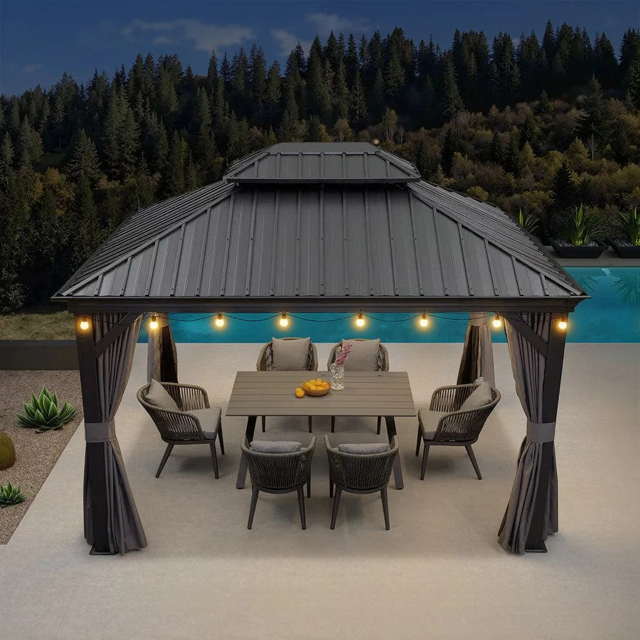 PURPLE LEAF Aluminium Hardtop Paviljoen, Luxe Tuinpaviljoen met Gegalvaniseerd Stalen Dak, Warmwitte Verlichting, Gordijnen en Klamboe, Grijs