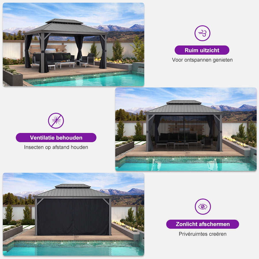 Purple Leaf Lichtgrijs Tuinpaviljoen met Dubbel Dak van Verzinkt Staal, Aluminium Frame, Gaas en Gordijnen
