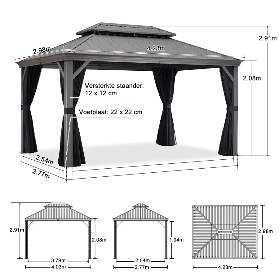 Purple Leaf Lichtgrijs Tuinpaviljoen met Dubbel Dak van Verzinkt Staal, Aluminium Frame, Gaas en Gordijnen