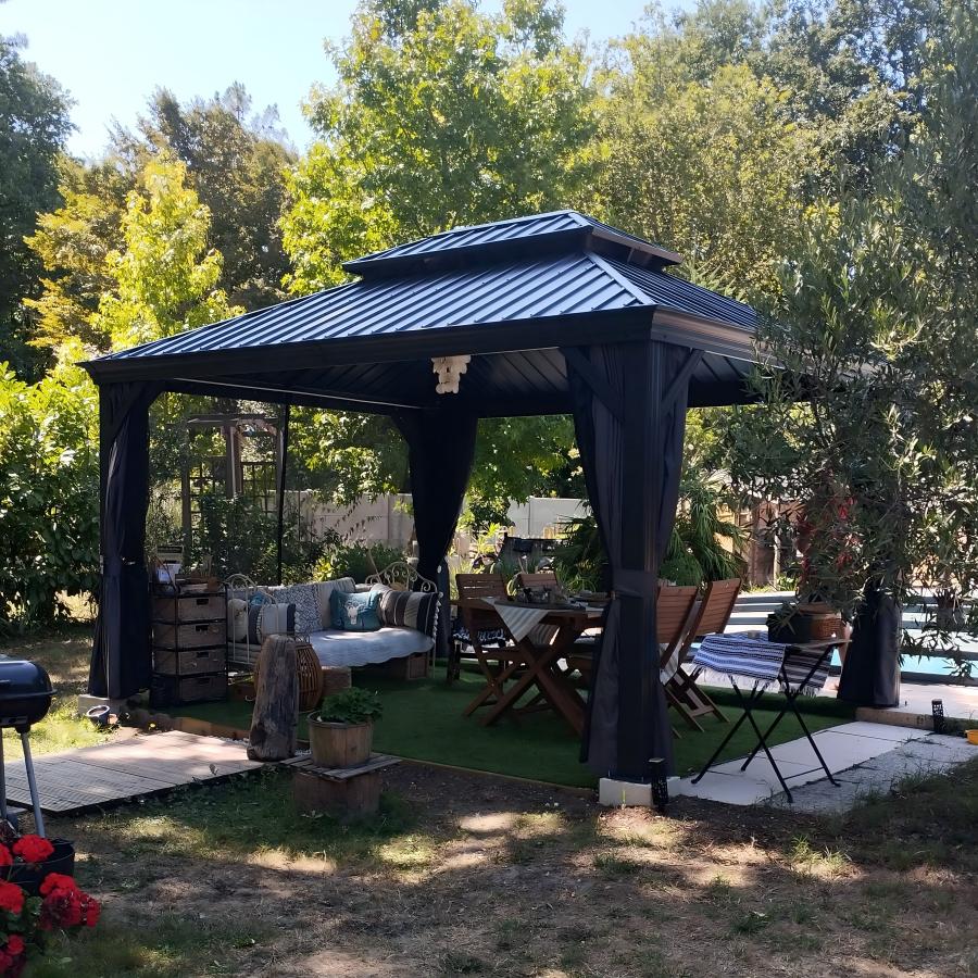 PURPLE LEAF Aluminium Hardtop Paviljoen, Luxe Tuinpaviljoen met Gegalvaniseerd Stalen Dak, Warmwitte Verlichting, Gordijnen en Klamboe, Grijs