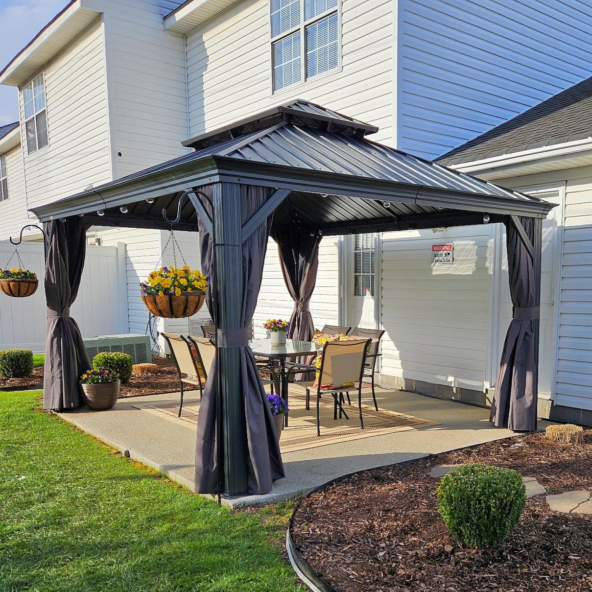 PURPLE LEAF Aluminium Hardtop Paviljoen, Luxe Tuinpaviljoen met Gegalvaniseerd Stalen Dak, Warmwitte Verlichting, Gordijnen en Klamboe, Grijs
