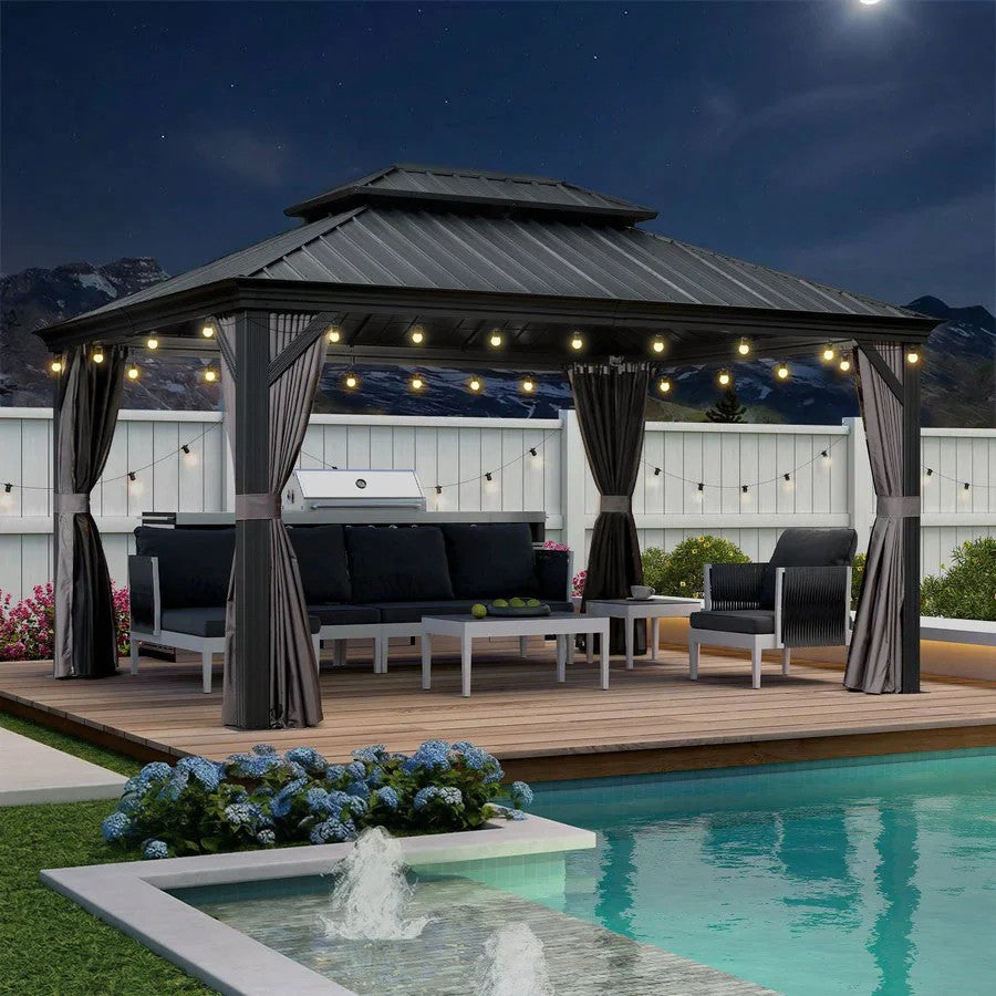 PURPLE LEAF Aluminium Hardtop Paviljoen, Luxe Tuinpaviljoen met Gegalvaniseerd Stalen Dak, Warmwitte Verlichting, Gordijnen en Klamboe, Grijs
