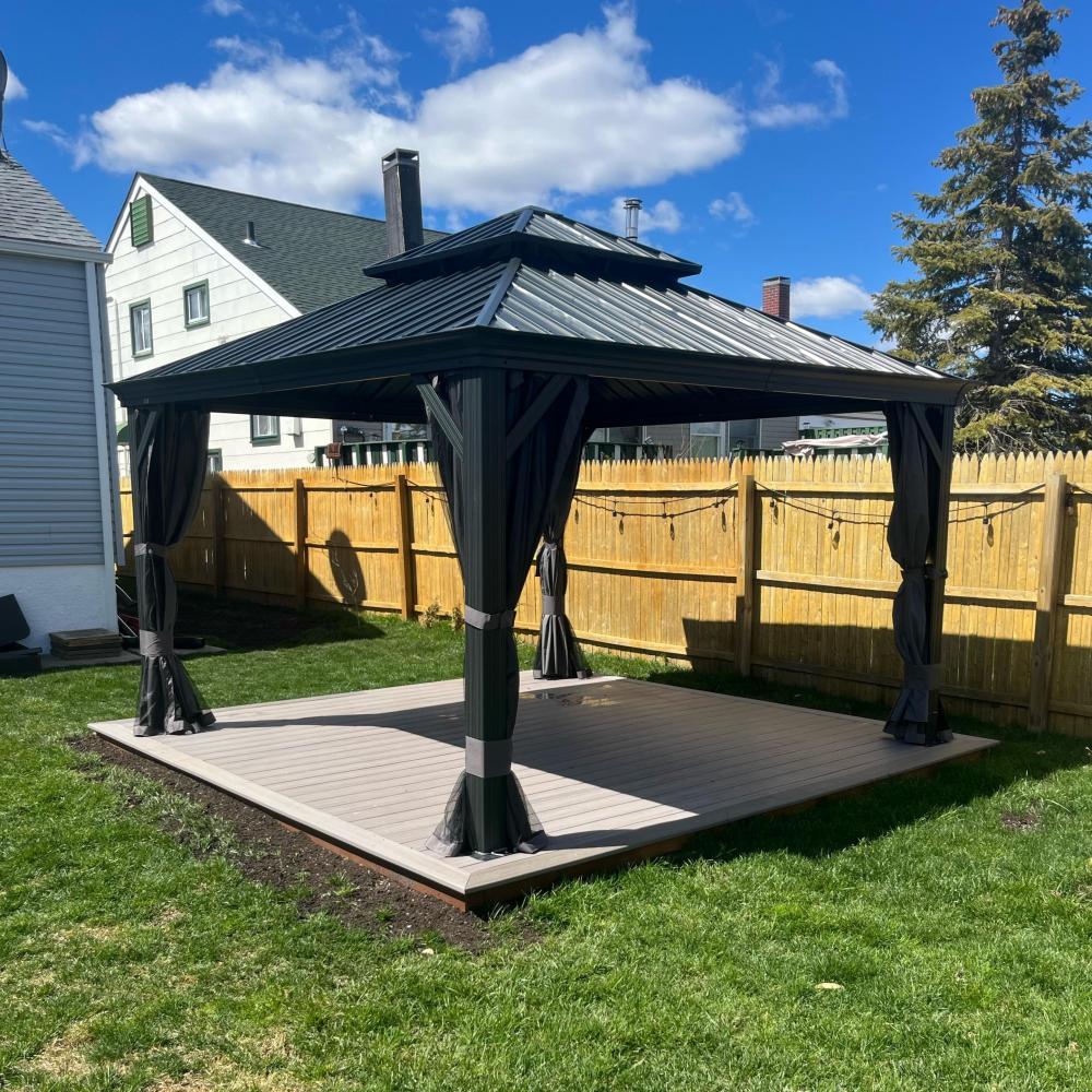 PURPLE LEAF Aluminium Hardtop Paviljoen, Luxe Tuinpaviljoen met Gegalvaniseerd Stalen Dak, Warmwitte Verlichting, Gordijnen en Klamboe, Grijs