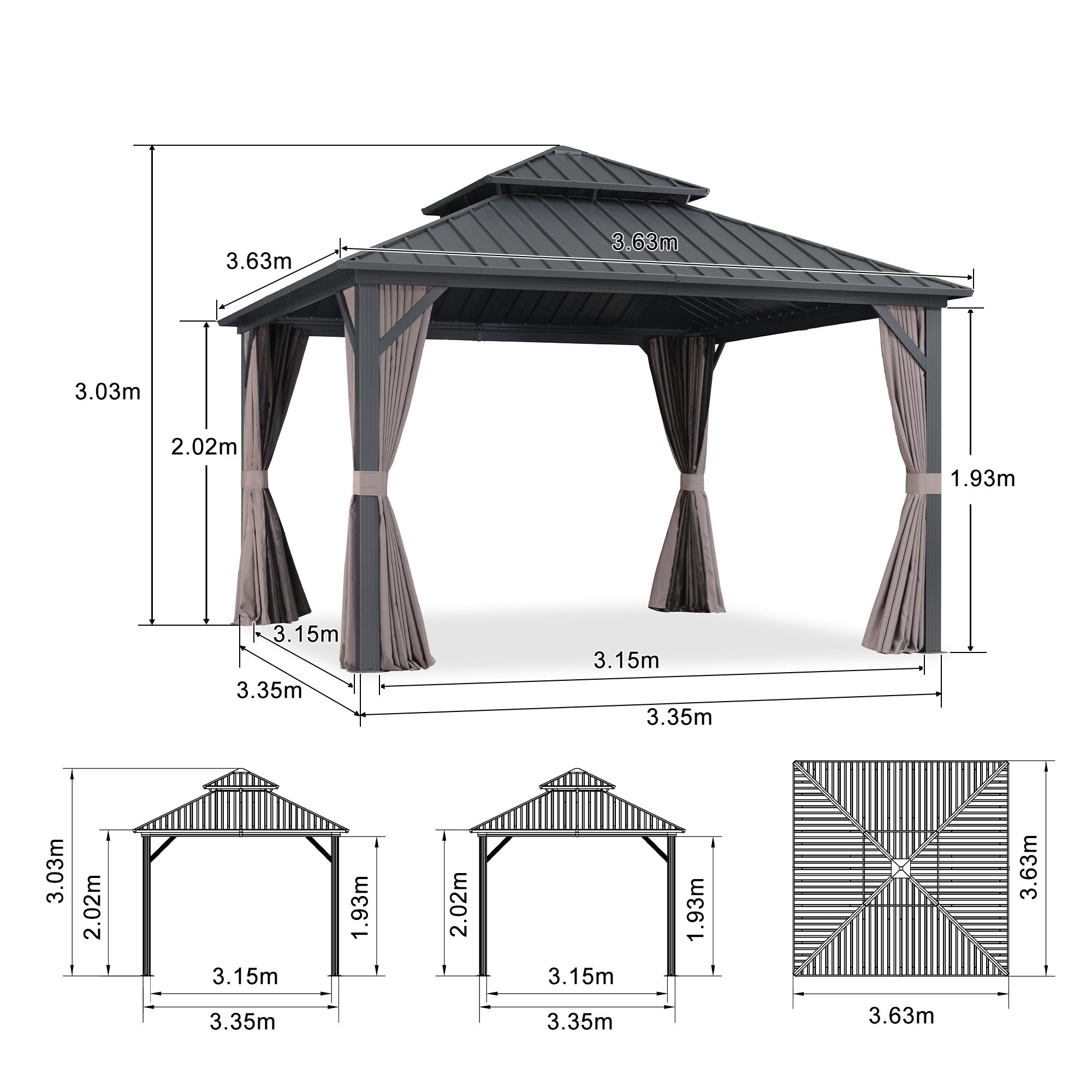 PURPLE LEAF Hardtop Tuinpaviljoen met Stalen Dak, Aluminium Frame, Gordijnen & Klamboe – Grijs