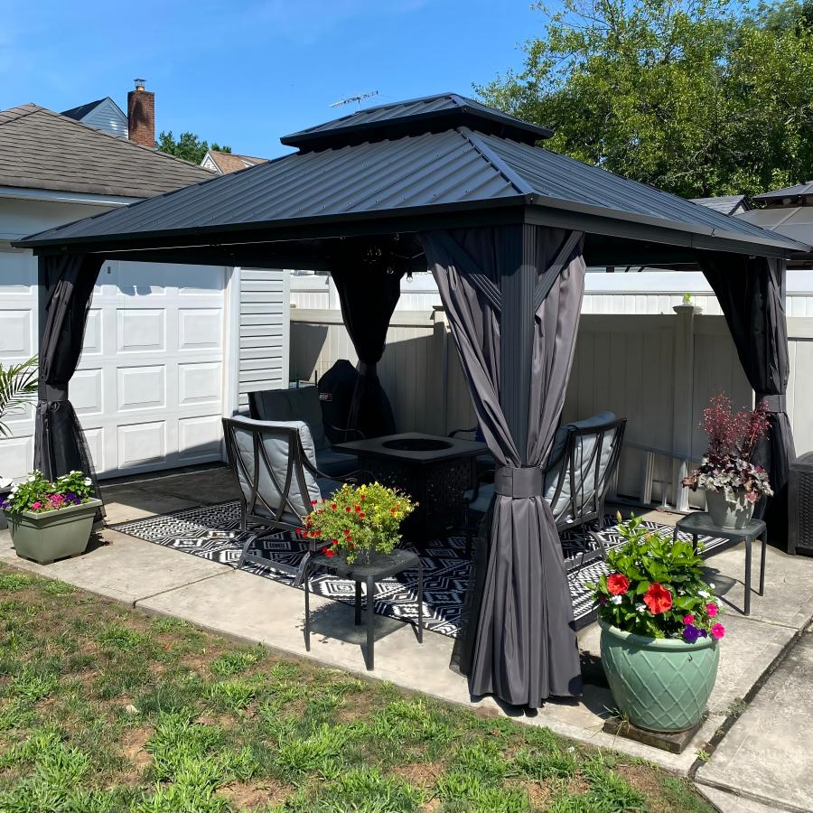 PURPLE LEAF Hardtop Tuinpaviljoen met Stalen Dak, Aluminium Frame, Gordijnen & Klamboe – Grijs