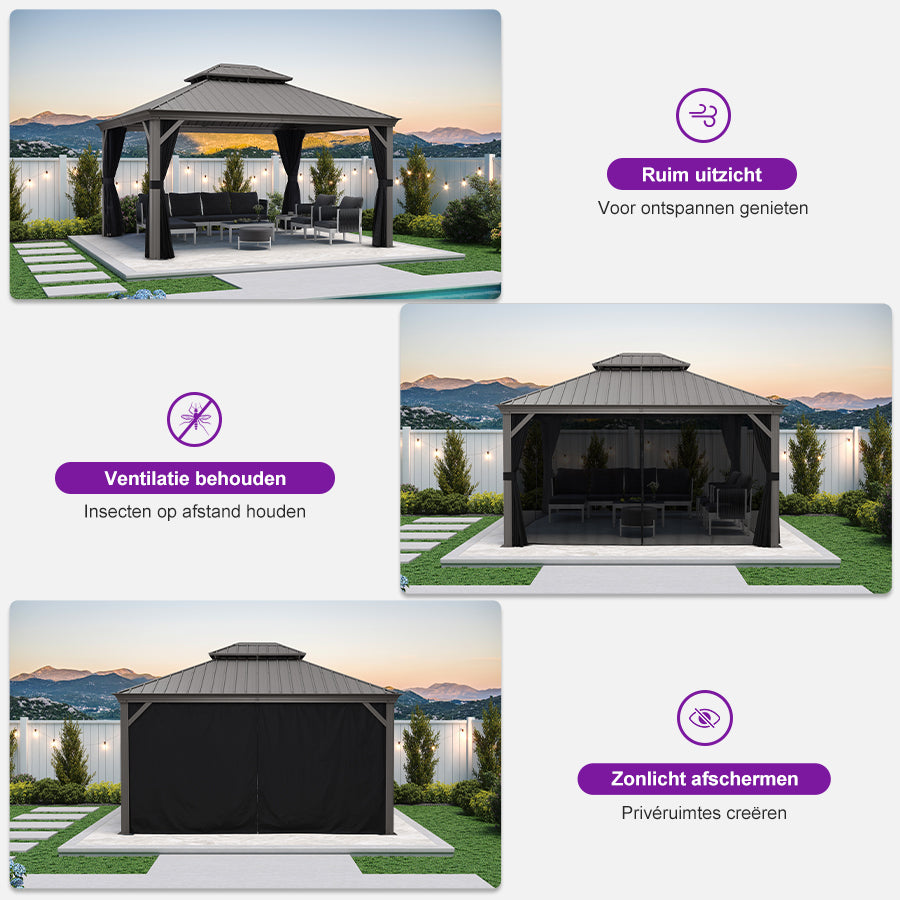 Purple Leaf Lichtgrijs Tuinpaviljoen met Dubbel Dak van Verzinkt Staal, Aluminium Frame, Gaas en Gordijnen