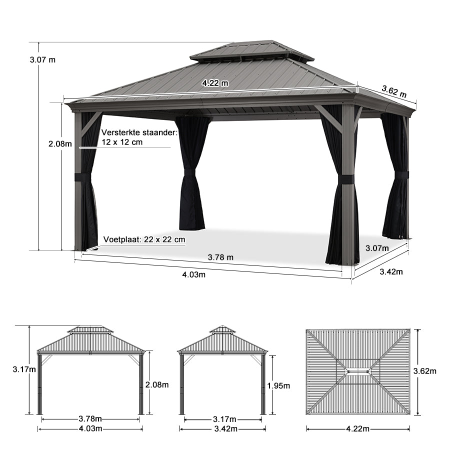Purple Leaf Lichtgrijs Tuinpaviljoen met Dubbel Dak van Verzinkt Staal, Aluminium Frame, Gaas en Gordijnen