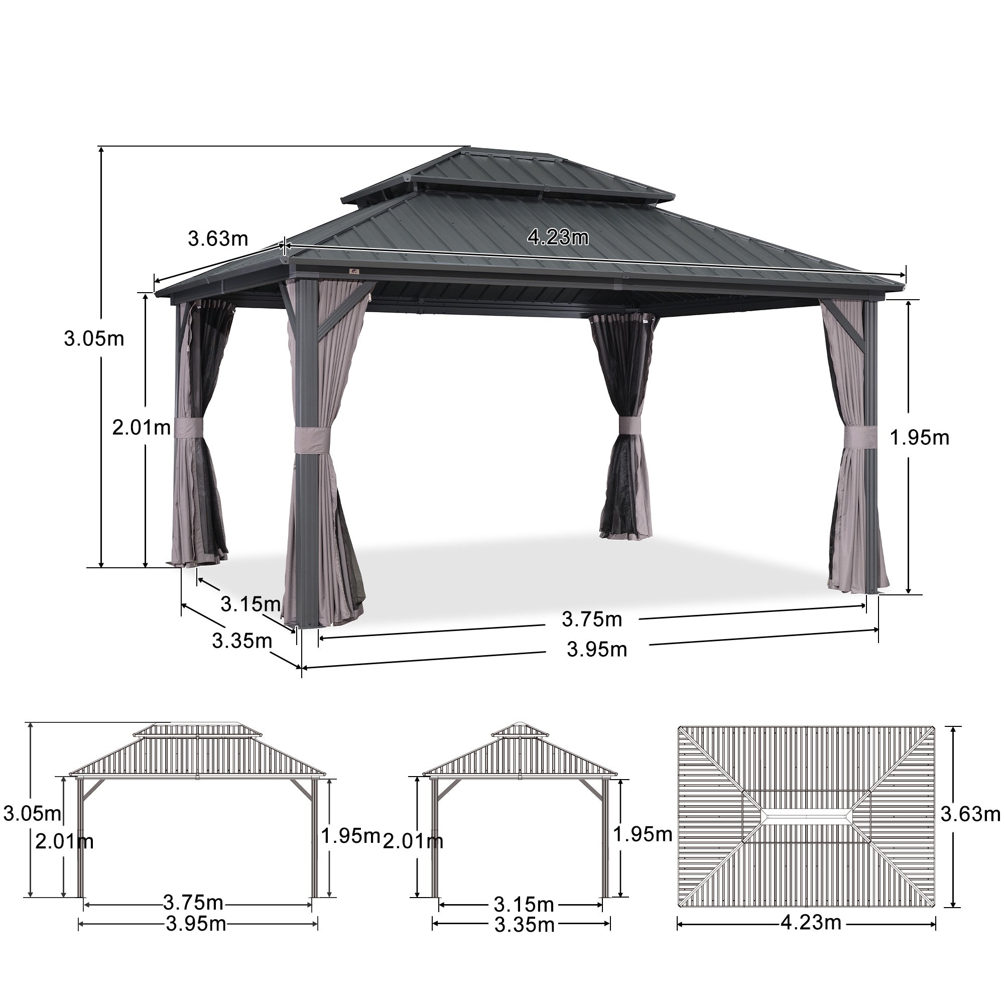 PURPLE LEAF Hardtop Tuinpaviljoen met Stalen Dak, Aluminium Frame, Gordijnen & Klamboe – Grijs