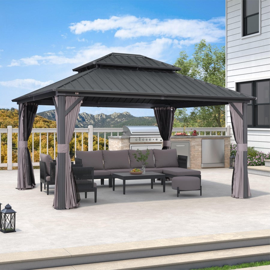 PURPLE LEAF Hardtop Tuinpaviljoen met Stalen Dak, Aluminium Frame, Gordijnen & Klamboe – Grijs