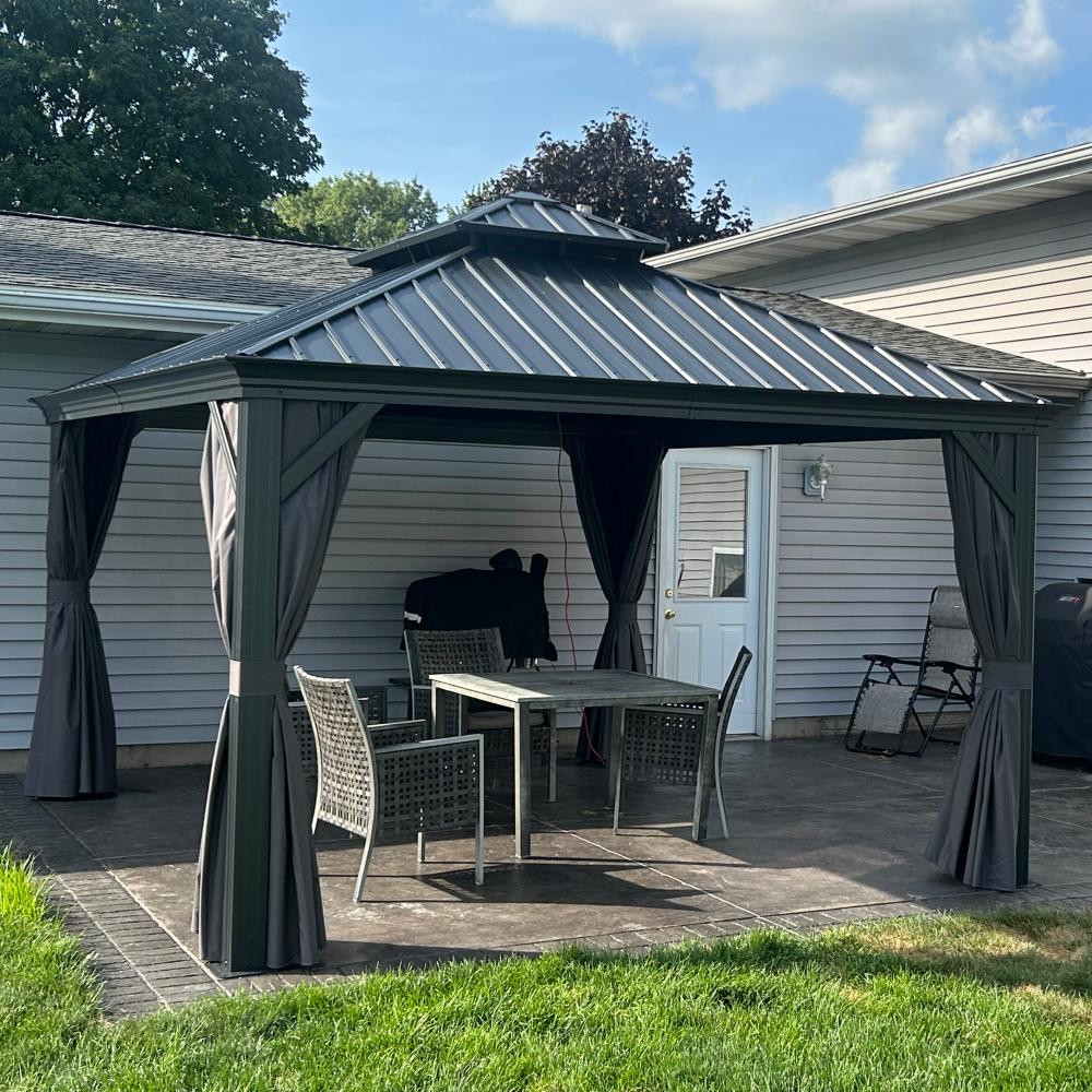 PURPLE LEAF Aluminium Hardtop Paviljoen, Luxe Tuinpaviljoen met Gegalvaniseerd Stalen Dak, Warmwitte Verlichting, Gordijnen en Klamboe, Grijs