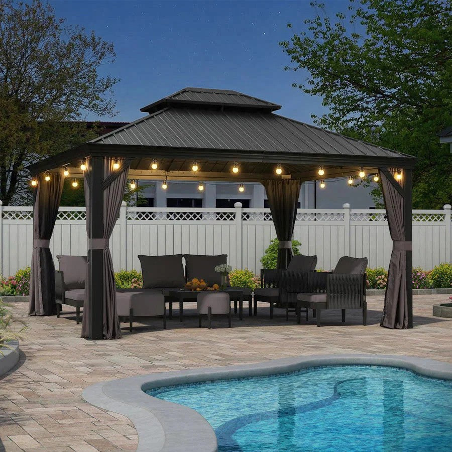 PURPLE LEAF Aluminium Hardtop Paviljoen, Luxe Tuinpaviljoen met Gegalvaniseerd Stalen Dak, Warmwitte Verlichting, Gordijnen en Klamboe, Grijs