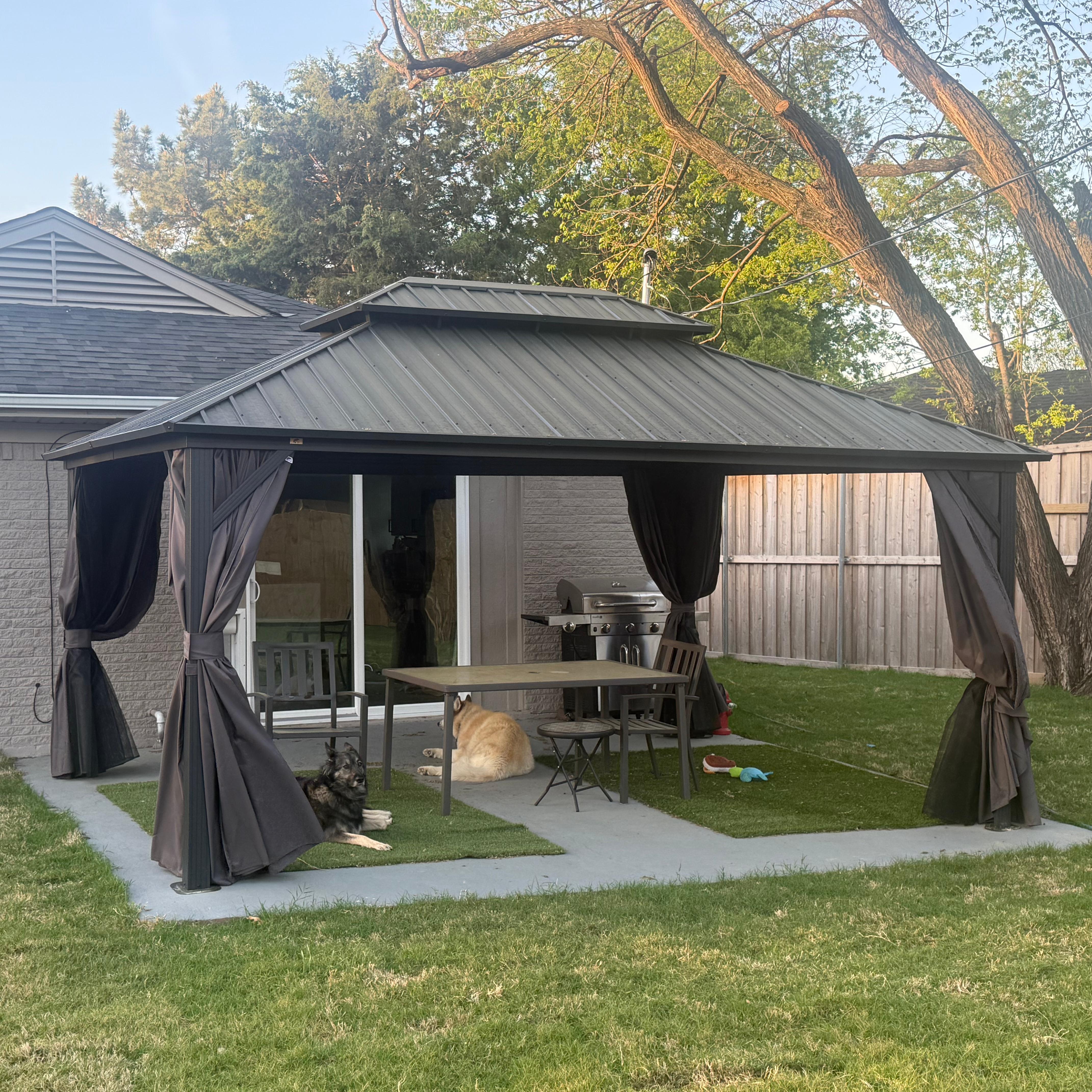 PURPLE LEAF Hardtop Tuinpaviljoen met Stalen Dak, Aluminium Frame, Gordijnen & Klamboe – Grijs