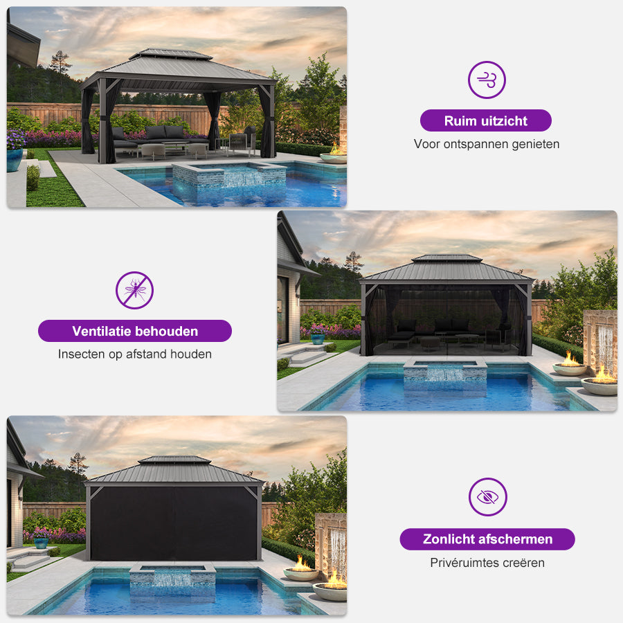 Purple Leaf Lichtgrijs Tuinpaviljoen met Dubbel Dak van Verzinkt Staal, Aluminium Frame, Gaas en Gordijnen
