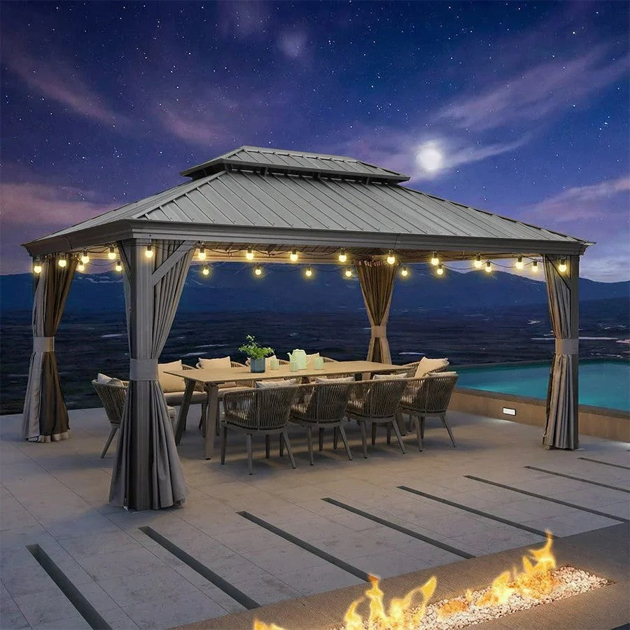 PURPLE LEAF Aluminium Hardtop Paviljoen, Luxe Tuinpaviljoen met Gegalvaniseerd Stalen Dak, Warmwitte Verlichting, Gordijnen en Klamboe, Grijs