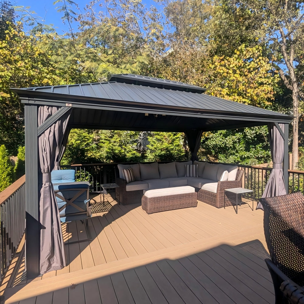 PURPLE LEAF Aluminium Hardtop Paviljoen, Luxe Tuinpaviljoen met Gegalvaniseerd Stalen Dak, Warmwitte Verlichting, Gordijnen en Klamboe, Grijs