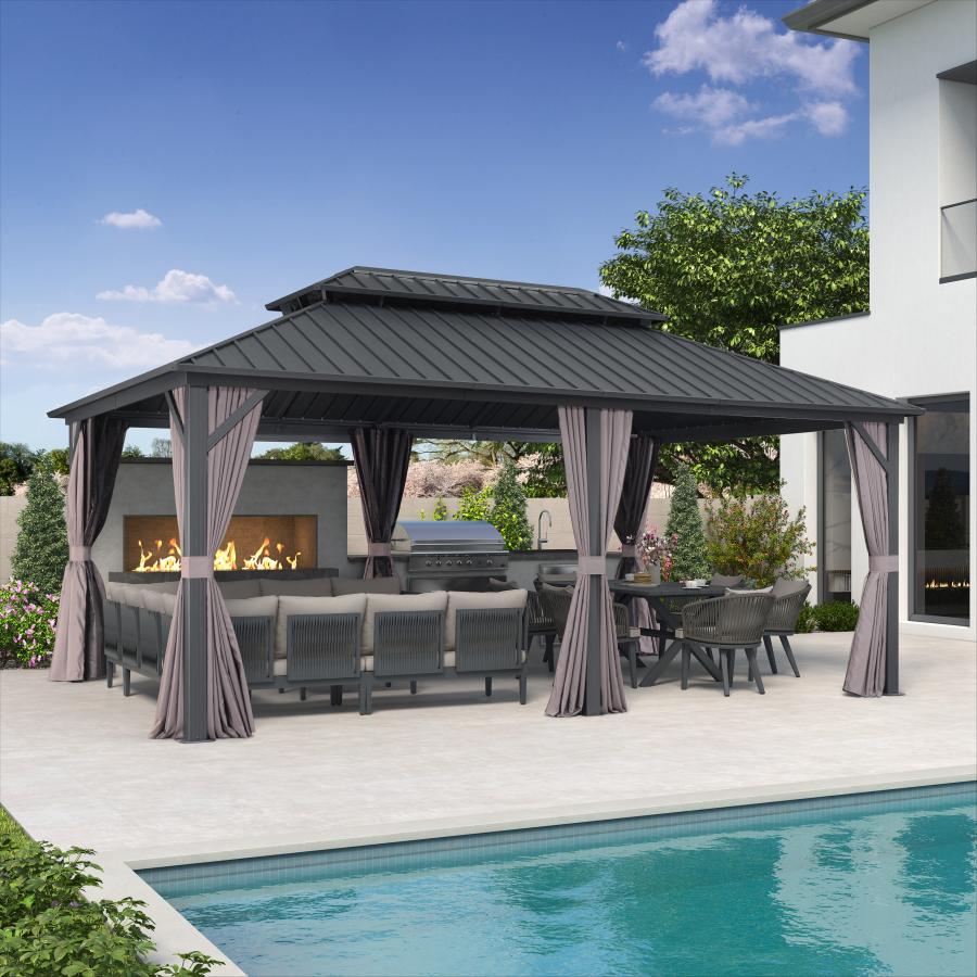 PURPLE LEAF Hardtop Tuinpaviljoen met Stalen Dak, Aluminium Frame, Gordijnen & Klamboe – Grijs