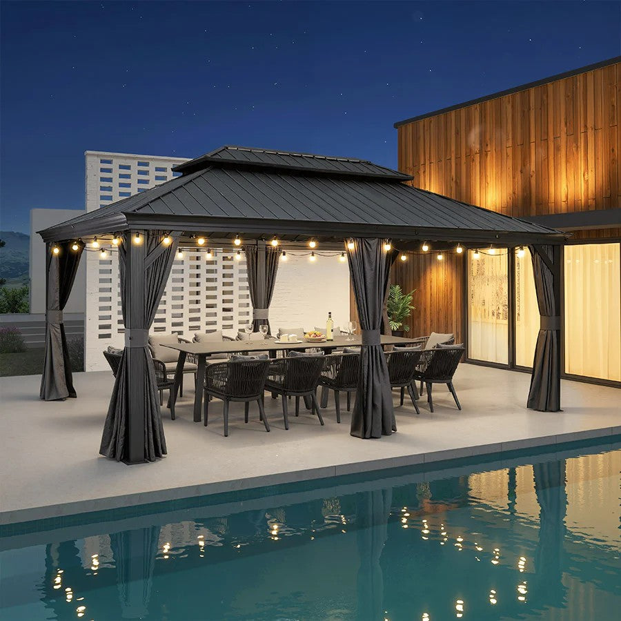 PURPLE LEAF Aluminium Hardtop Paviljoen, Luxe Tuinpaviljoen met Gegalvaniseerd Stalen Dak, Warmwitte Verlichting, Gordijnen en Klamboe, Grijs