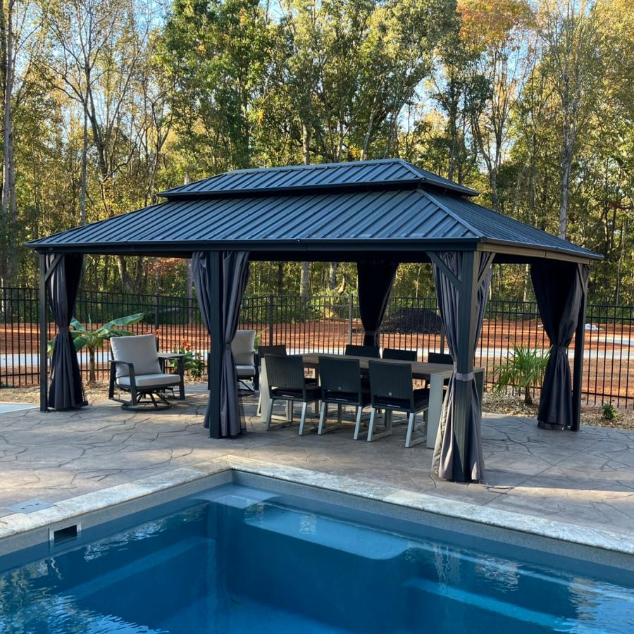 PURPLE LEAF Hardtop Tuinpaviljoen met Stalen Dak, Aluminium Frame, Gordijnen & Klamboe – Grijs