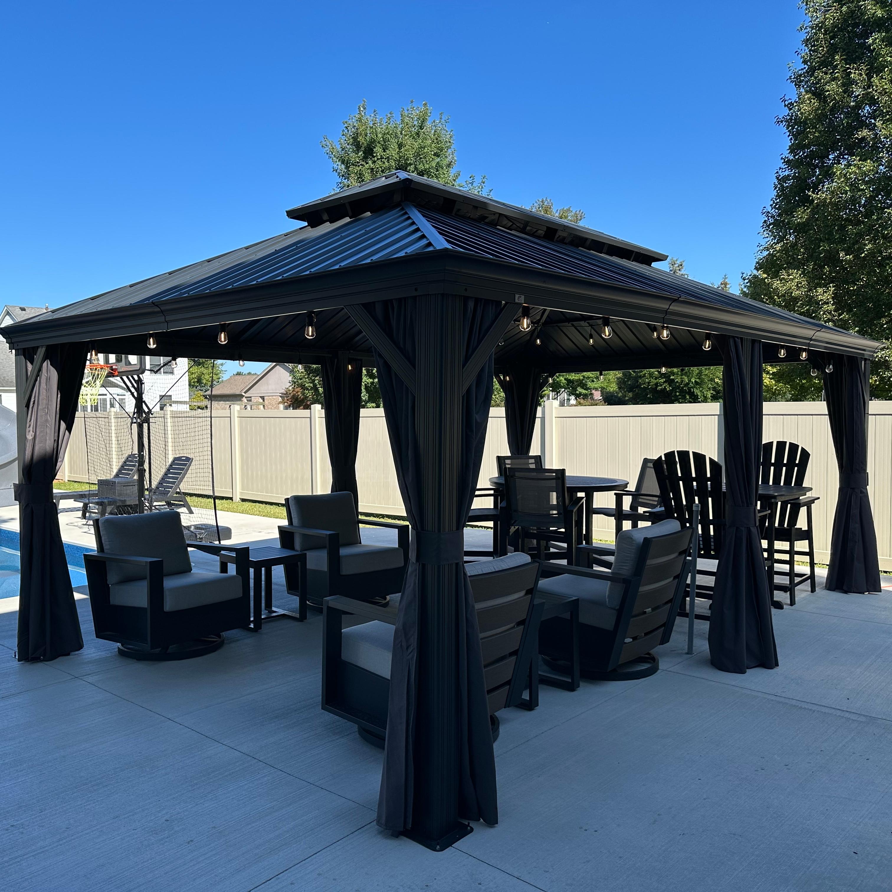 PURPLE LEAF Aluminium Hardtop Paviljoen, Luxe Tuinpaviljoen met Gegalvaniseerd Stalen Dak, Warmwitte Verlichting, Gordijnen en Klamboe, Grijs