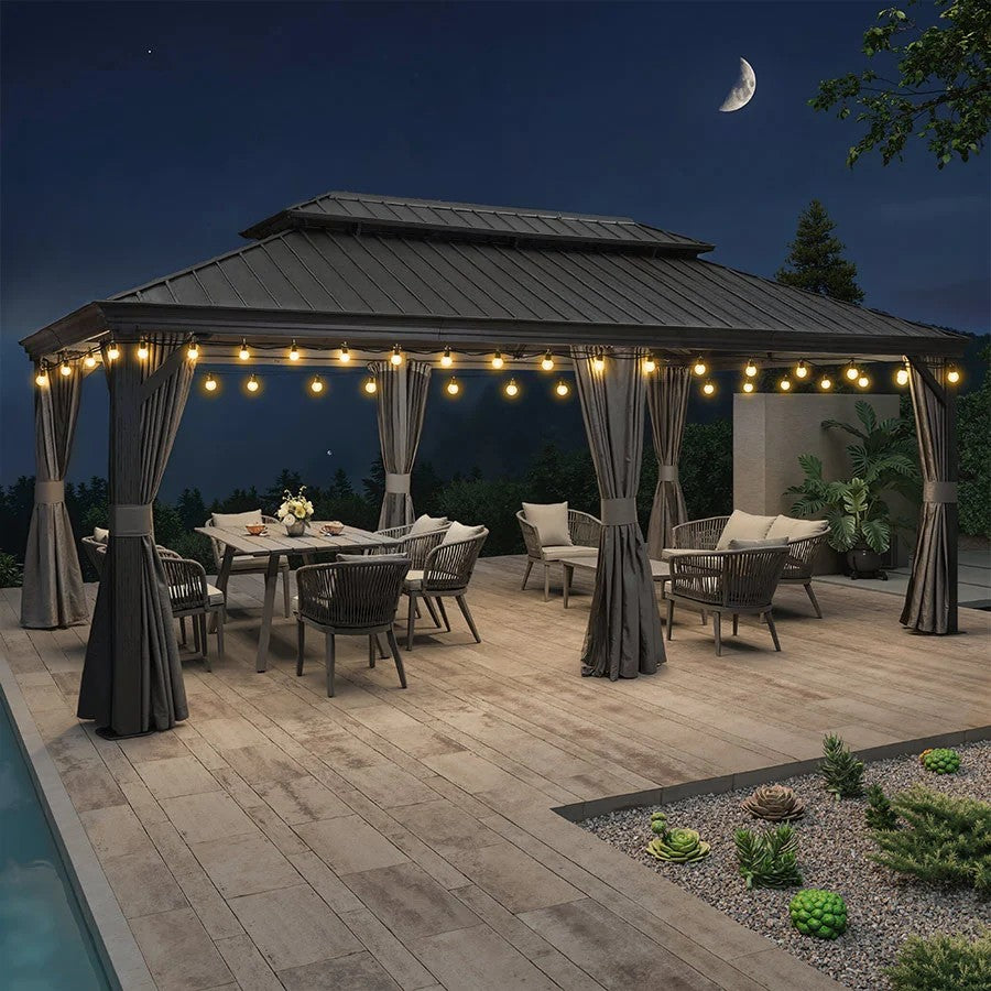 PURPLE LEAF Aluminium Hardtop Paviljoen, Luxe Tuinpaviljoen met Gegalvaniseerd Stalen Dak, Warmwitte Verlichting, Gordijnen en Klamboe, Grijs