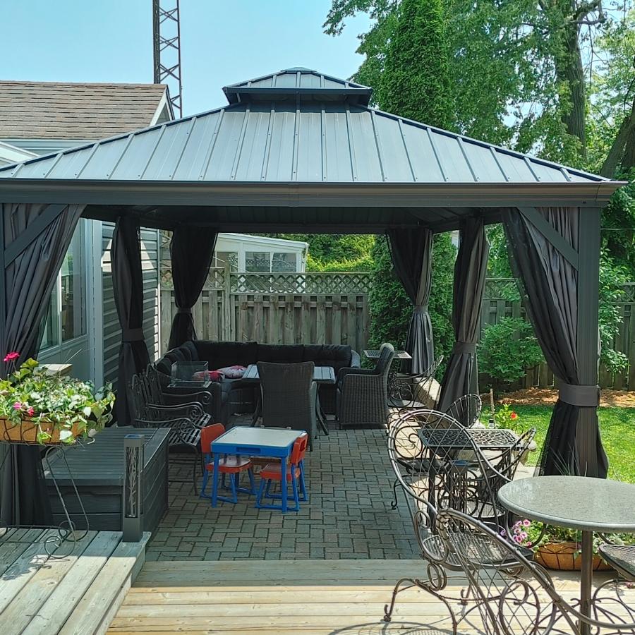 PURPLE LEAF Aluminium Hardtop Paviljoen, Luxe Tuinpaviljoen met Gegalvaniseerd Stalen Dak, Warmwitte Verlichting, Gordijnen en Klamboe, Grijs