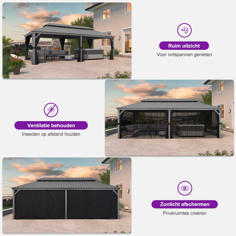 Purple Leaf Lichtgrijs Tuinpaviljoen met Dubbel Dak van Verzinkt Staal, Aluminium Frame, Gaas en Gordijnen