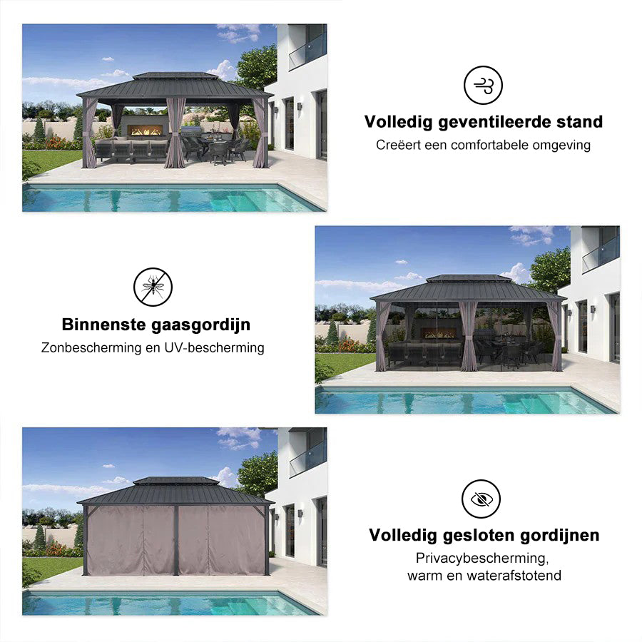 PURPLE LEAF Hardtop Tuinpaviljoen met Stalen Dak, Aluminium Frame, Gordijnen & Klamboe – Grijs