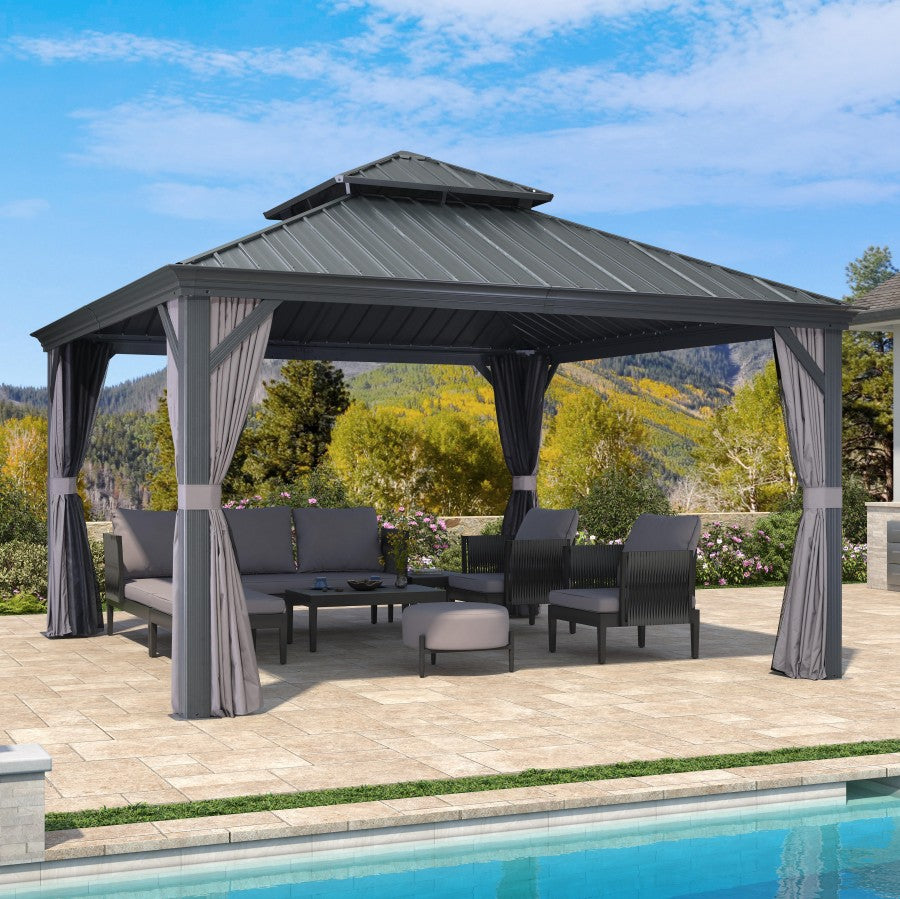 PURPLE LEAF Aluminium Hardtop Paviljoen, Luxe Tuinpaviljoen met Gegalvaniseerd Stalen Dak, Gordijnen en Klamboe, Grijs