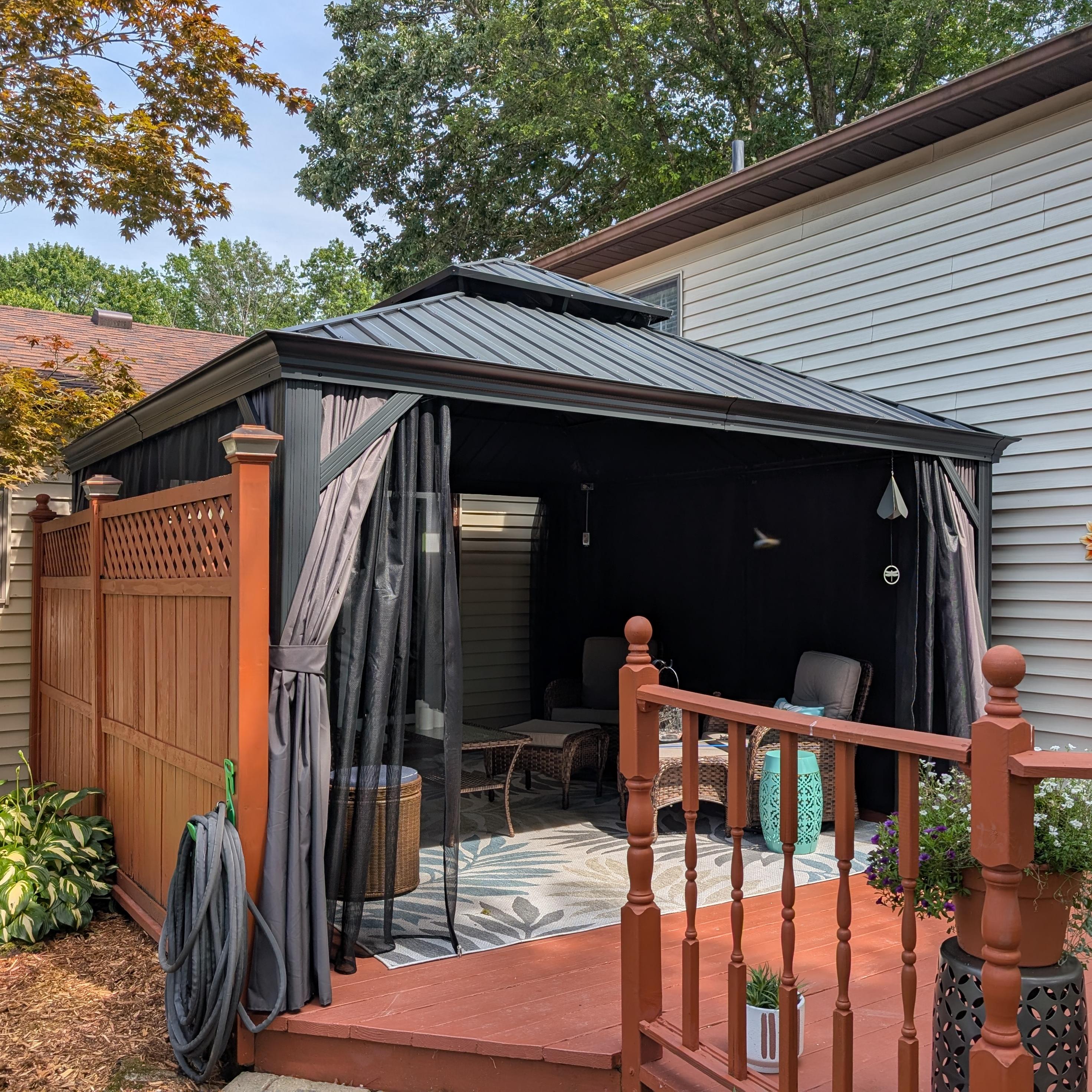 PURPLE LEAF Aluminium Hardtop Paviljoen, Luxe Tuinpaviljoen met Gegalvaniseerd Stalen Dak, Warmwitte Verlichting, Gordijnen en Klamboe, Grijs