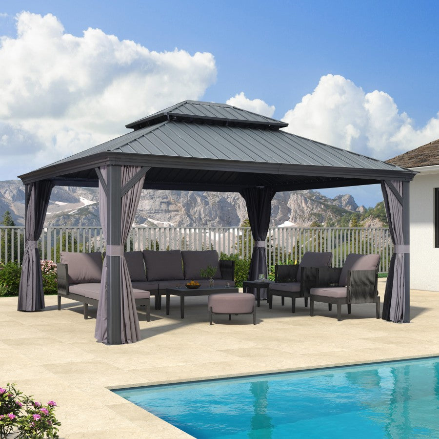 PURPLE LEAF Aluminium Hardtop Paviljoen, Luxe Tuinpaviljoen met Gegalvaniseerd Stalen Dak, Gordijnen en Klamboe, Grijs