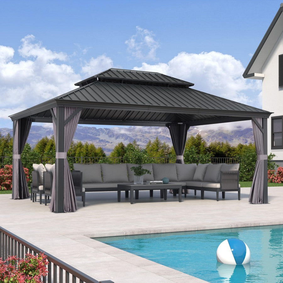 PURPLE LEAF Aluminium Hardtop Paviljoen, Luxe Tuinpaviljoen met Gegalvaniseerd Stalen Dak, Gordijnen en Klamboe, Grijs