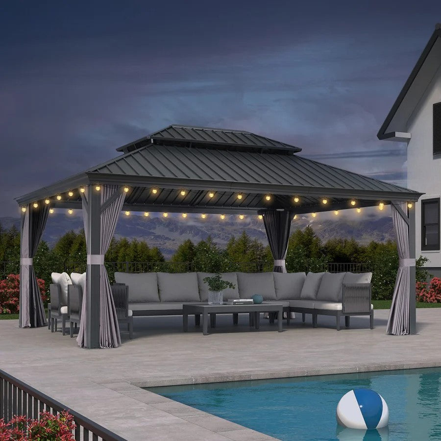 PURPLE LEAF Aluminium Hardtop Paviljoen, Luxe Tuinpaviljoen met Gegalvaniseerd Stalen Dak, Warmwitte Verlichting, Gordijnen en Klamboe, Grijs