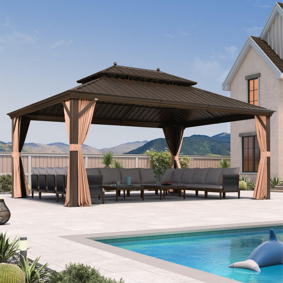 PURPLE LEAF Aluminium Hardtop Paviljoen Brons, Luxe Tuinpaviljoen met Gegalvaniseerd Stalen Dak, Gordijnen en Klamboe