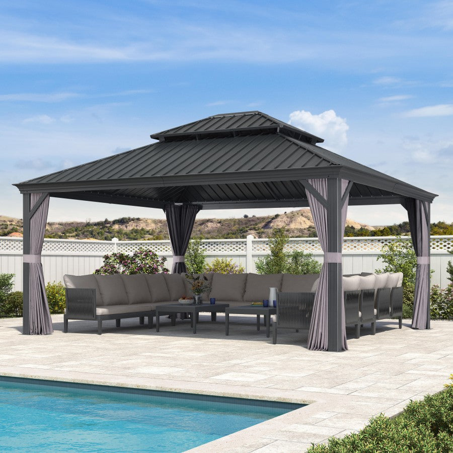 PURPLE LEAF Aluminium Hardtop Paviljoen, Luxe Tuinpaviljoen met Gegalvaniseerd Stalen Dak, Gordijnen en Klamboe, Grijs
