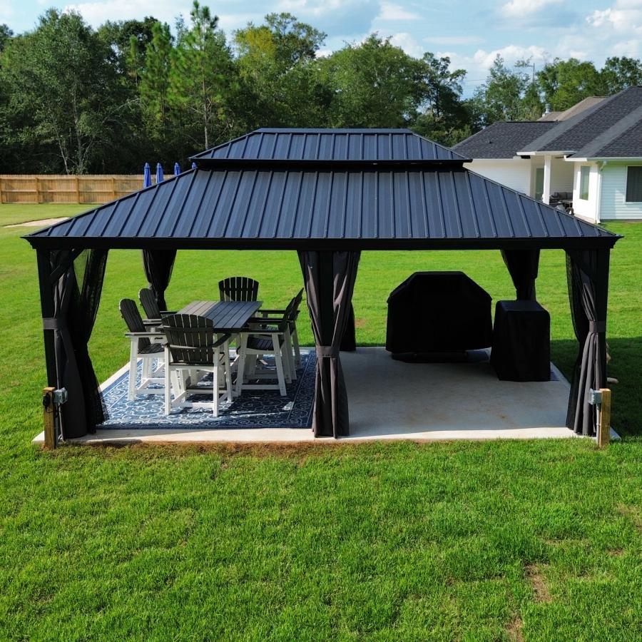 PURPLE LEAF Aluminium Hardtop Paviljoen, Luxe Tuinpaviljoen met Gegalvaniseerd Stalen Dak, Warmwitte Verlichting, Gordijnen en Klamboe, Grijs