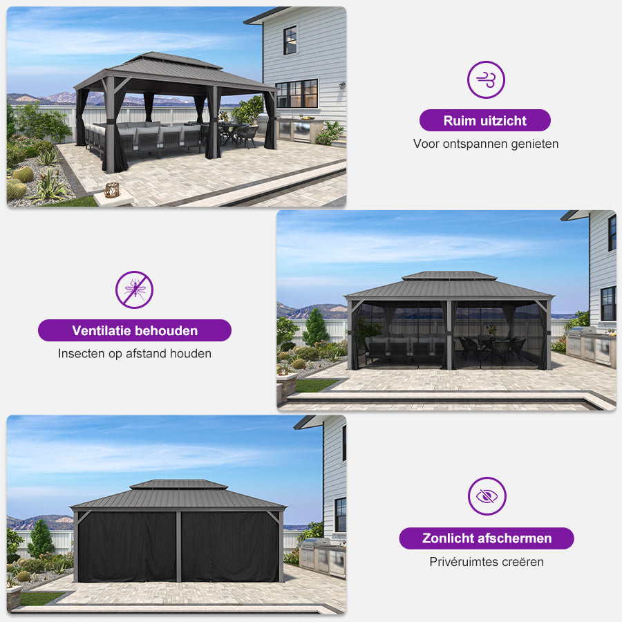 Purple Leaf Lichtgrijs Tuinpaviljoen met Dubbel Dak van Verzinkt Staal, Aluminium Frame, Gaas en Gordijnen
