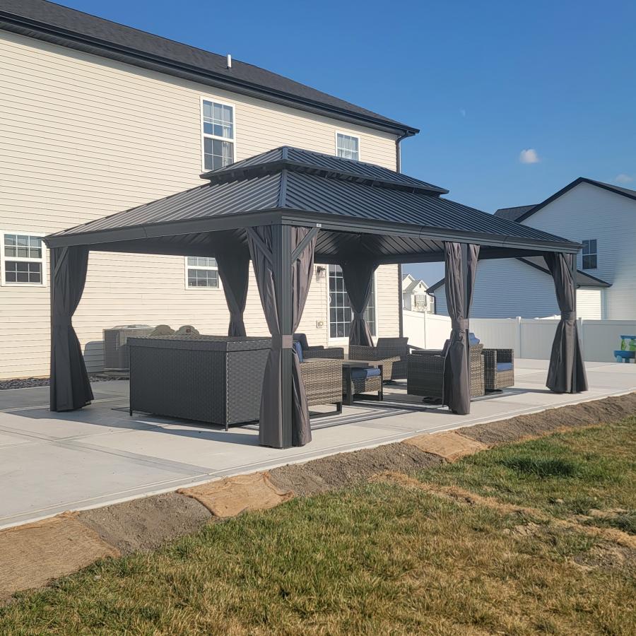 PURPLE LEAF Aluminium Hardtop Paviljoen, Luxe Tuinpaviljoen met Gegalvaniseerd Stalen Dak, Gordijnen en Klamboe, Grijs