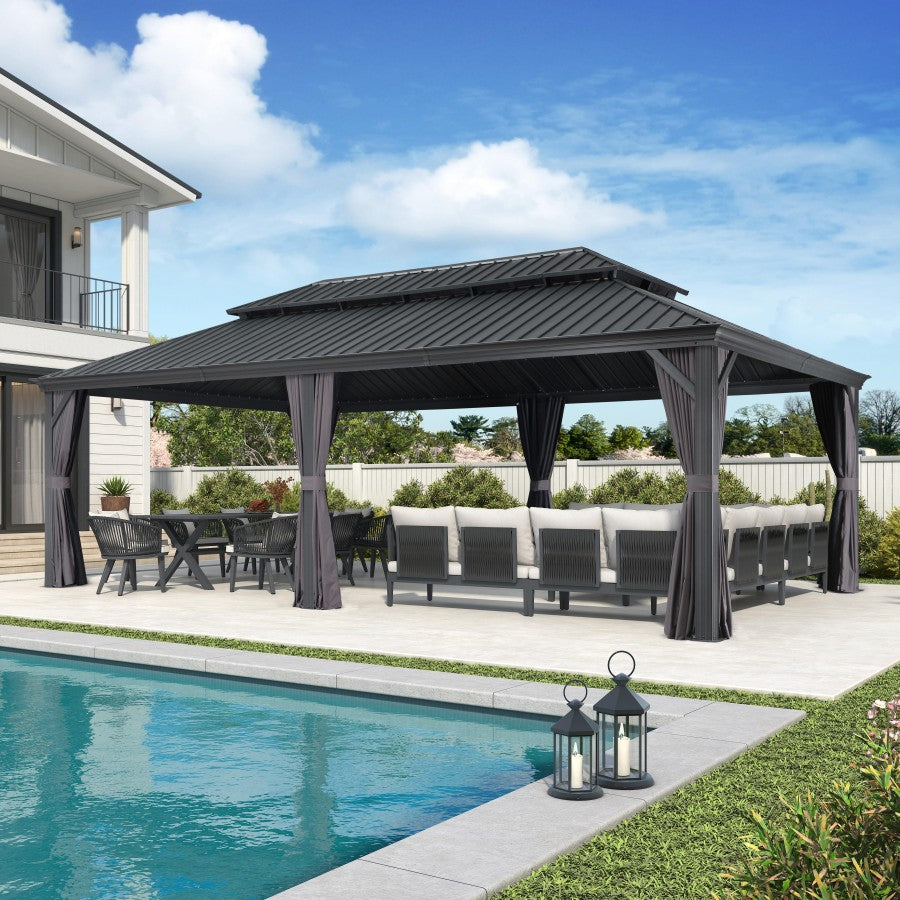 PURPLE LEAF Aluminium Hardtop Paviljoen, Luxe Tuinpaviljoen met Gegalvaniseerd Stalen Dak, Gordijnen en Klamboe, Grijs