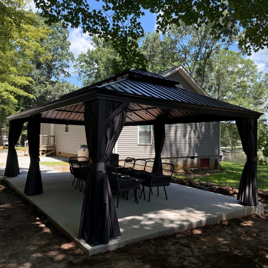 PURPLE LEAF Aluminium Hardtop Paviljoen, Luxe Tuinpaviljoen met Gegalvaniseerd Stalen Dak, Warmwitte Verlichting, Gordijnen en Klamboe, Grijs