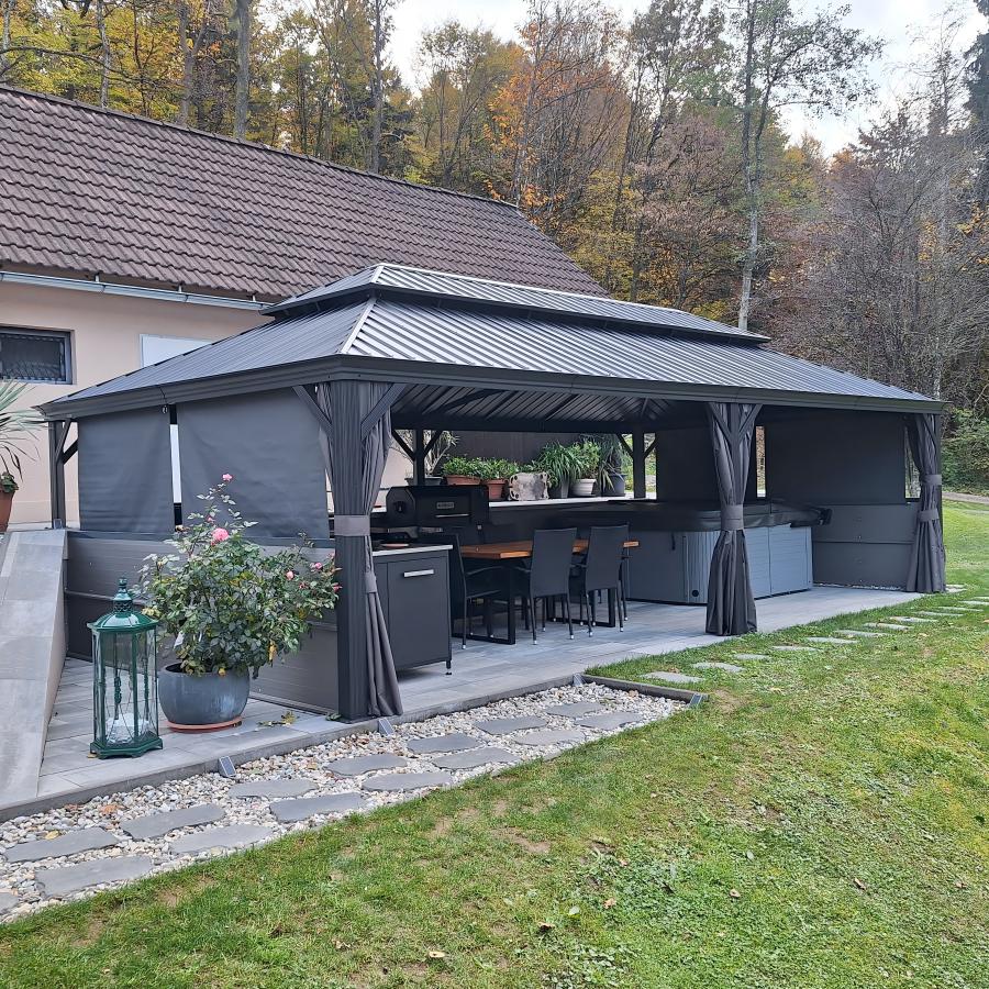 PURPLE LEAF Aluminium Hardtop Paviljoen, Luxe Tuinpaviljoen met Gegalvaniseerd Stalen Dak, Warmwitte Verlichting, Gordijnen en Klamboe, Grijs