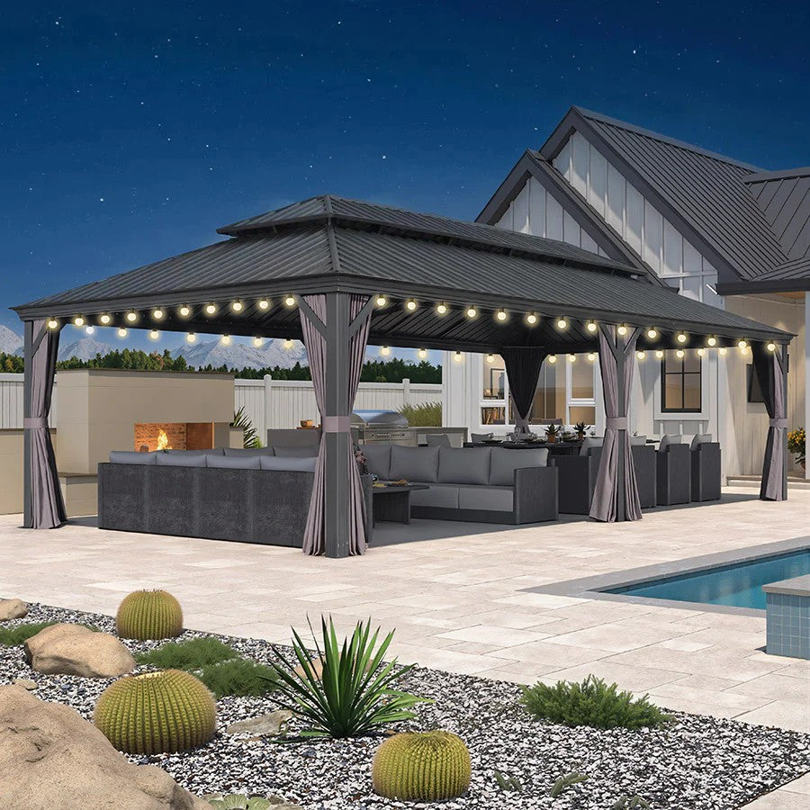 PURPLE LEAF Aluminium Hardtop Paviljoen, Luxe Tuinpaviljoen met Gegalvaniseerd Stalen Dak, Warmwitte Verlichting, Gordijnen en Klamboe, Grijs