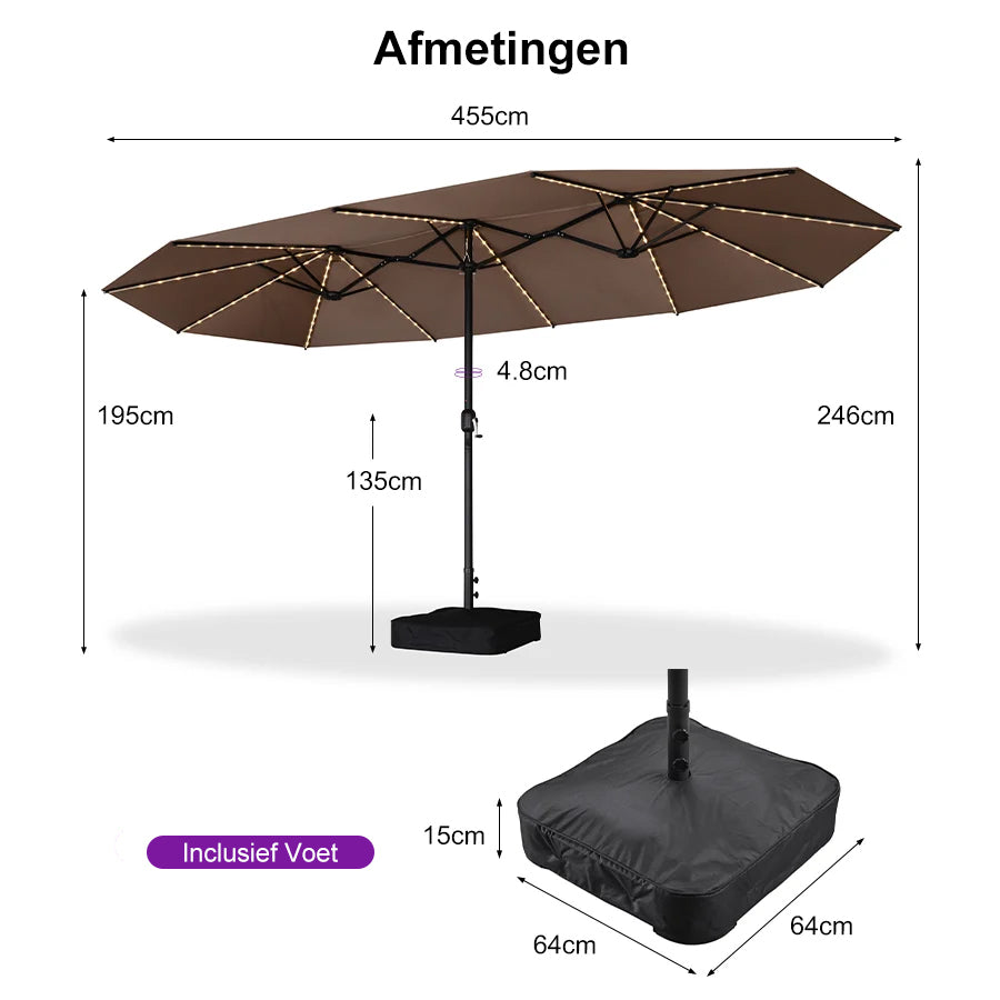 PURPLE LEAF Grote Parasol met 3 Kappen en LED-verlichting voor Tuin en Terras, inclusief Voet