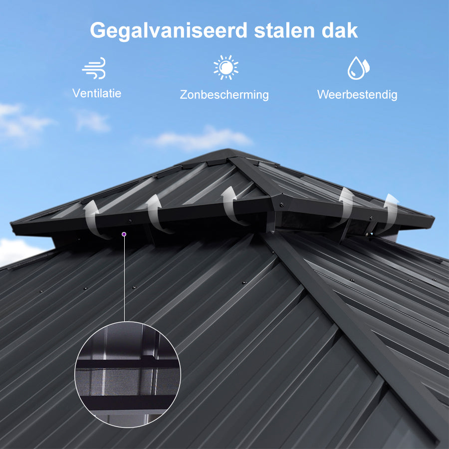 PURPLE LEAF Hardtop Tuinpaviljoen met Stalen Dak, Aluminium Frame, Gordijnen & Klamboe – Grijs