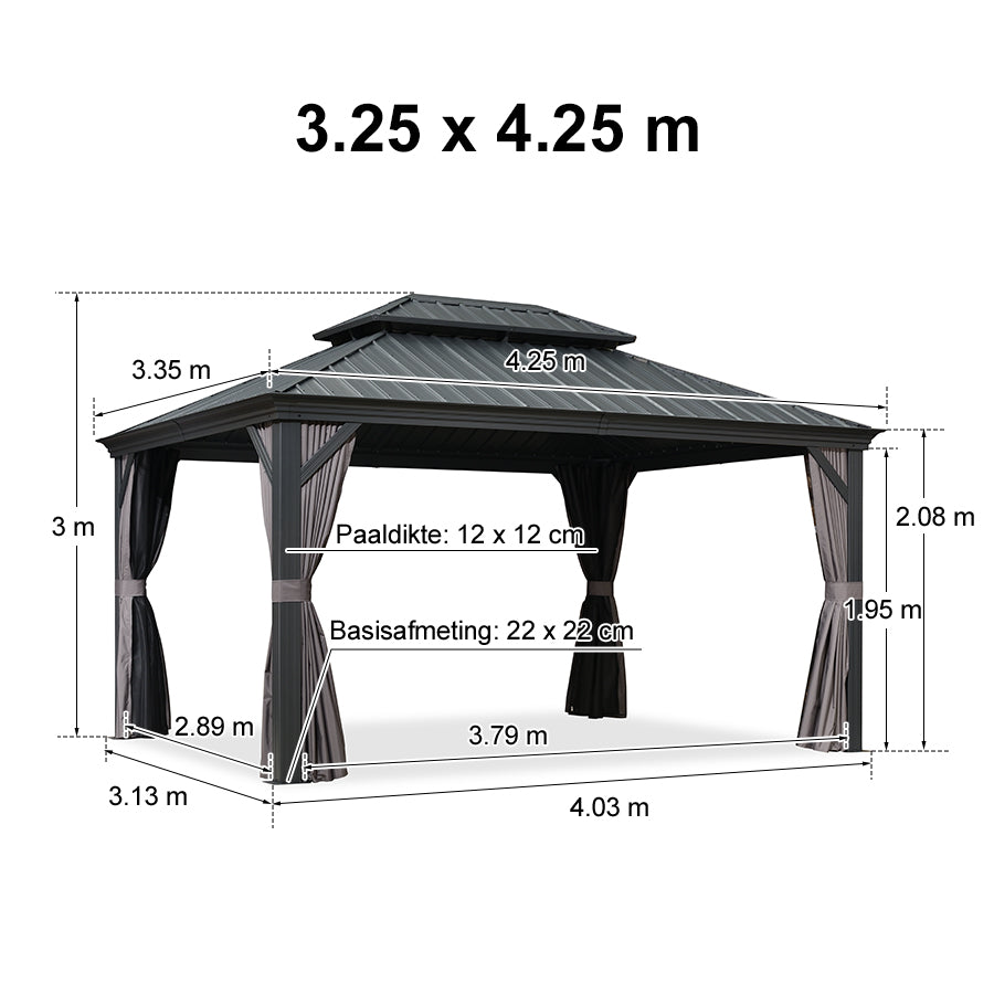 PURPLE LEAF Aluminium Hardtop Paviljoen, Luxe Tuinpaviljoen met Gegalvaniseerd Stalen Dak, Gordijnen en Klamboe, Grijs